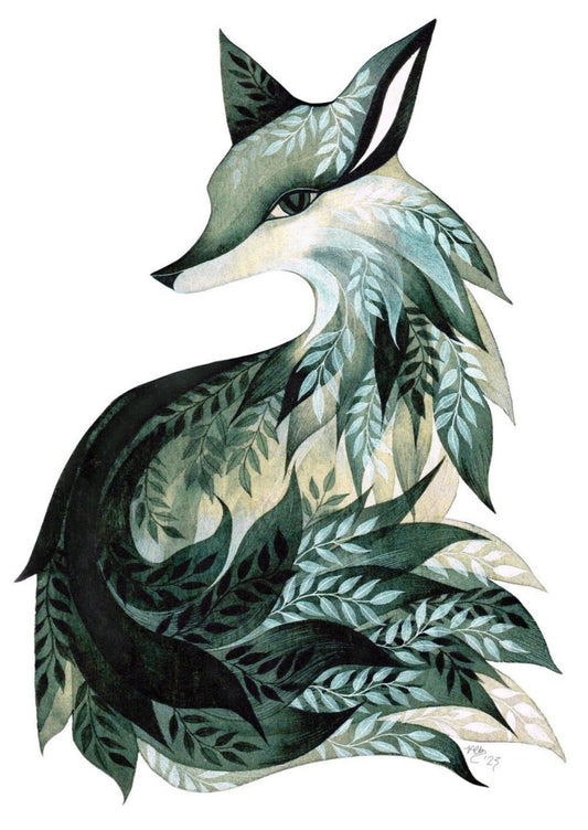Fox watercolour print in green or purple