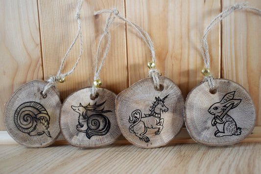 Mediaeval Marginalia wooden charm animals (deer snail, battle bunny, dog snail, unicorn)