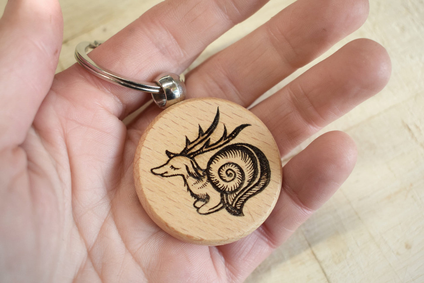 Deer Snail Keyring - Mediaeval Marginalia wooden charm