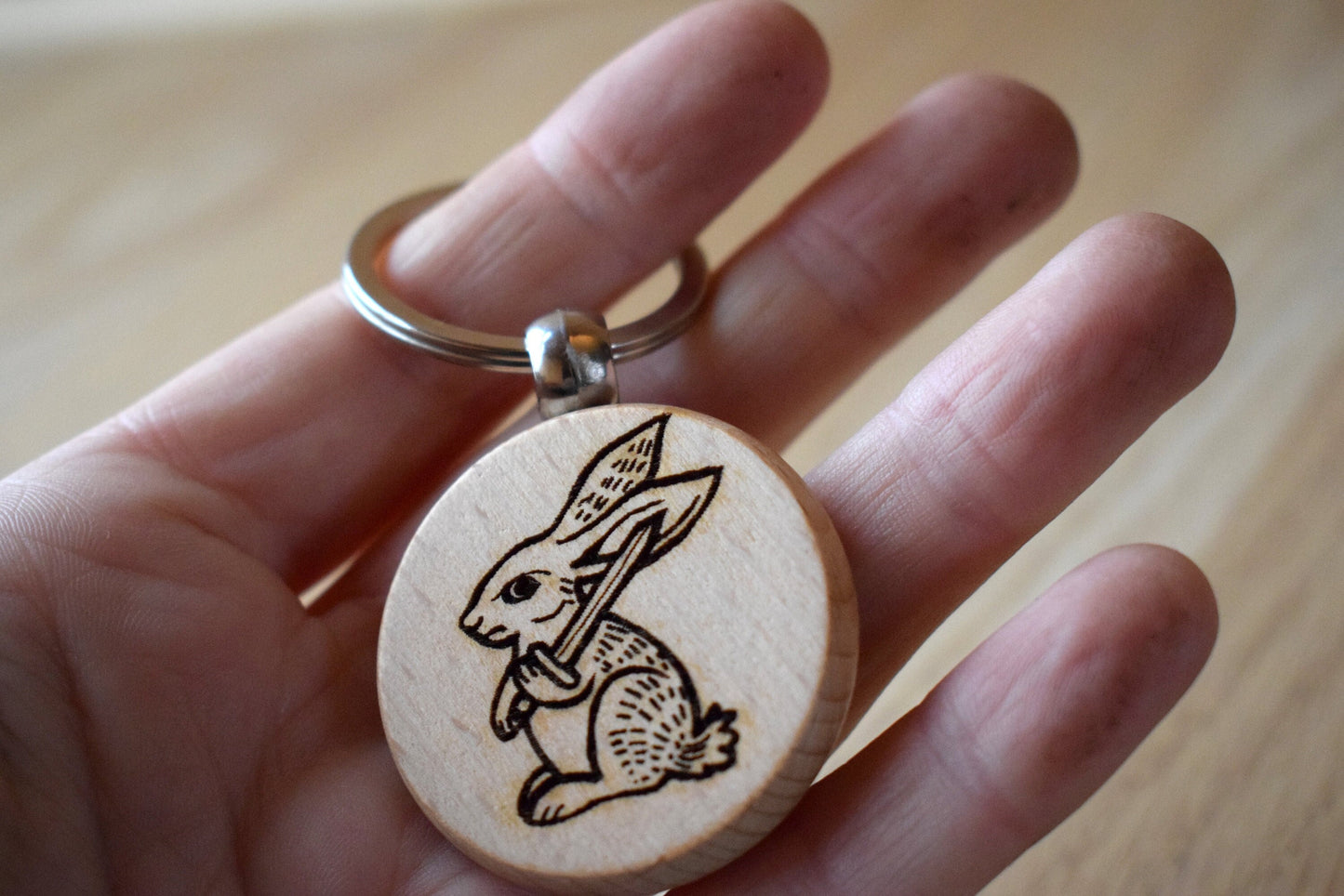 Battle Bunny Keyring - Mediaeval Marginalia wooden charm (rabbit)